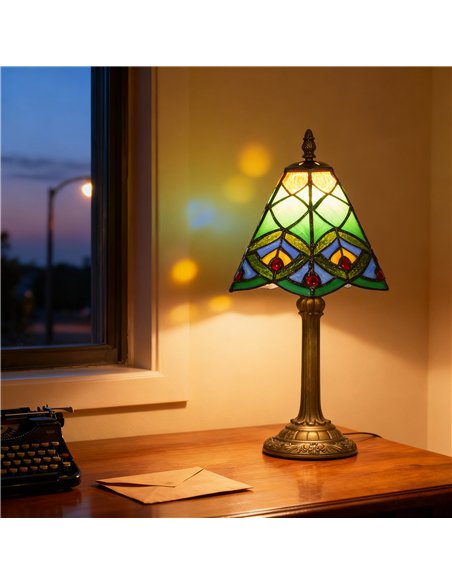 HOMCOM Tiffany-Style Table Lamp with Geometric Patterns, Handcrafted Antique Stained Glass Bedside Lamp for Living Room and Bedr - pic 170581 | FastDaddyshop