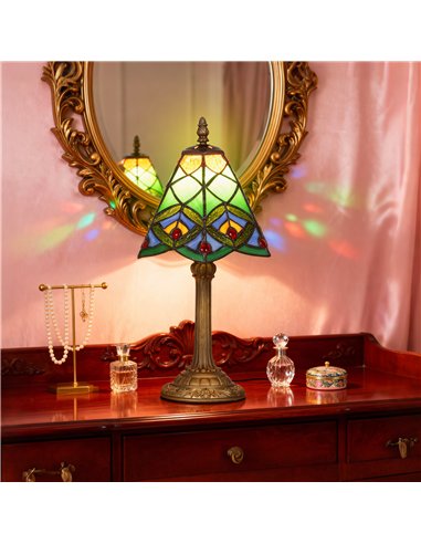 HOMCOM Tiffany-Style Table Lamp with Geometric Patterns, Handcrafted Antique Stained Glass Bedside Lamp for Living Room and Bedr