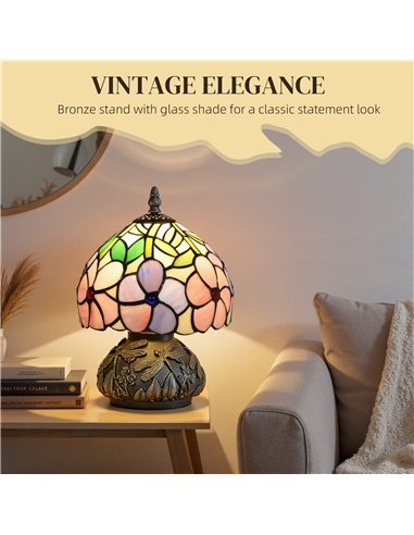 HOMCOM Tiffany-Style Table Lamp with Sculpted Dragonfly Base, Handcrafted Antique Stained Glass Bedside Lamp for Living Room and