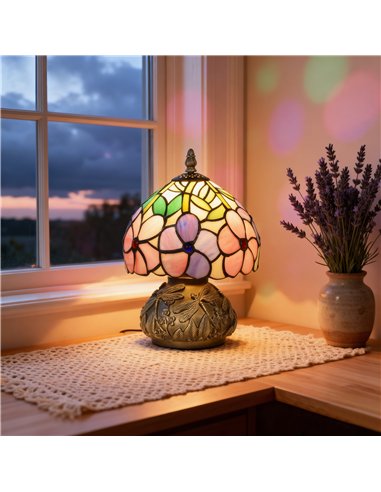 HOMCOM Tiffany-Style Table Lamp with Sculpted Dragonfly Base, Handcrafted Antique Stained Glass Bedside Lamp for Living Room and