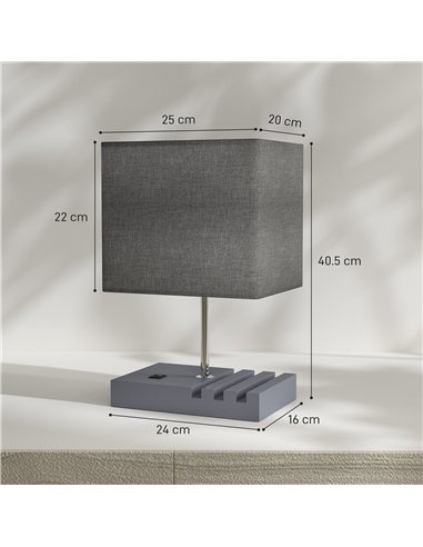 HOMCOM Bedside Lamp with USB A+C Charging Ports and 3 Phone Stands, Modern Table Lamp with Solid Wood Base and Fabric Shade for 