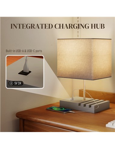 HOMCOM Bedside Lamp with USB A+C Charging Ports and 3 Phone Stands, Modern Table Lamp with Solid Wood Base and Fabric Shade for 