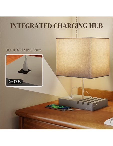 HOMCOM Bedside Lamp with USB A+C Charging Ports and 3 Phone Stands, Modern Table Lamp with Solid Wood Base and Fabric Shade for  - pic 170613 | FastDaddyshop