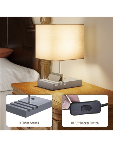 HOMCOM Bedside Lamp with USB A+C Charging Ports and 3 Phone Stands, Modern Table Lamp with Solid Wood Base and Fabric Shade for  - pic 170614 | FastDaddyshop