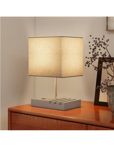 HOMCOM Bedside Lamp with USB A+C Charging Ports and 3 Phone Stands, Modern Table Lamp with Solid Wood Base and Fabric Shade for 