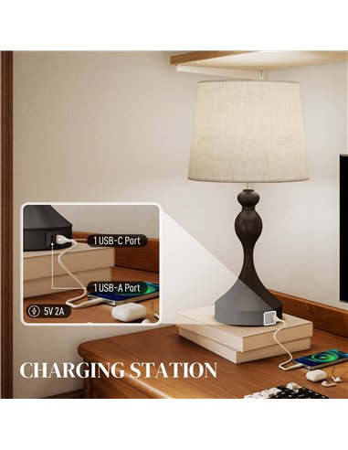 HOMCOM Set of Two Three-Colour Lamps, with USB Ports - Black/Beige
