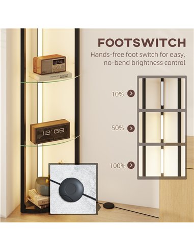 HOMCOM LED Floor Lamp with Shelves, Dimmable Standing Lamp with Foot Switch for Living Room, Bedroom, Black