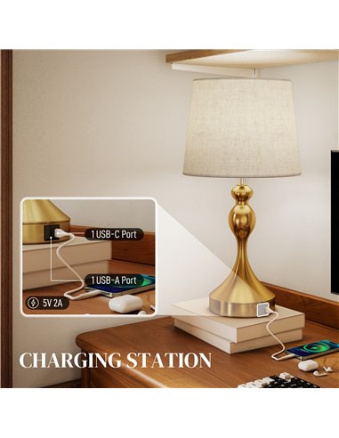 HOMCOM Bedside Lamps Set of 2, Modern Table Lamps with 3 Colour Temperatures, USB A+C Charging Ports and Linen Shade for Living 
