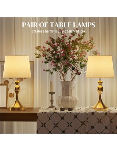 HOMCOM Bedside Lamps Set of 2, Modern Table Lamps with 3 Colour Temperatures, USB A+C Charging Ports and Linen Shade for Living 