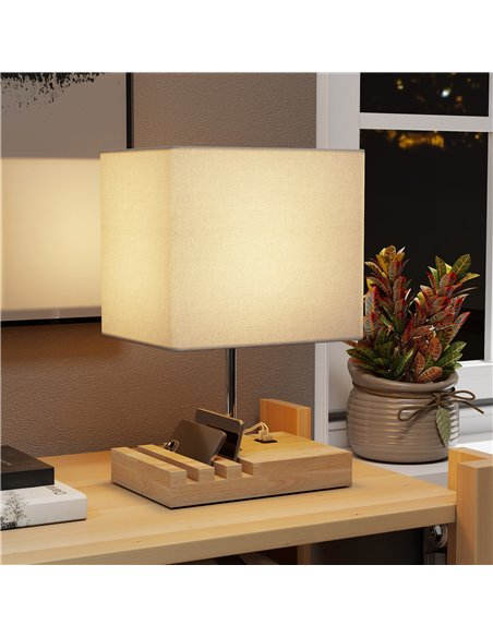 HOMCOM Bedside Lamp with USB A+C Charging Ports and 3 Phone Stands, Modern Table Lamp with Solid Wood Base and Fabric Shade for  - pic 170665 | FastDaddyshop