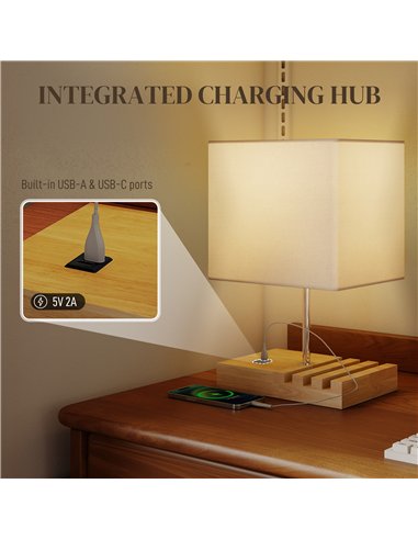 HOMCOM Bedside Lamp with USB A+C Charging Ports and 3 Phone Stands, Modern Table Lamp with Solid Wood Base and Fabric Shade for 