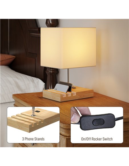 HOMCOM Bedside Lamp with USB A+C Charging Ports and 3 Phone Stands, Modern Table Lamp with Solid Wood Base and Fabric Shade for  - pic 170668 | FastDaddyshop