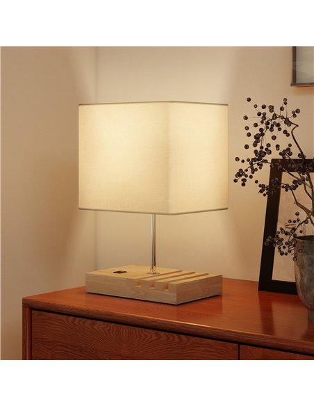HOMCOM Bedside Lamp with USB A+C Charging Ports and 3 Phone Stands, Modern Table Lamp with Solid Wood Base and Fabric Shade for  - pic 170670 | FastDaddyshop