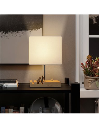 HOMCOM Bedside Lamp with USB A+C Charging Ports and 3 Phone Stands, Modern Table Lamp with Solid Wood Base and Fabric Shade for 
