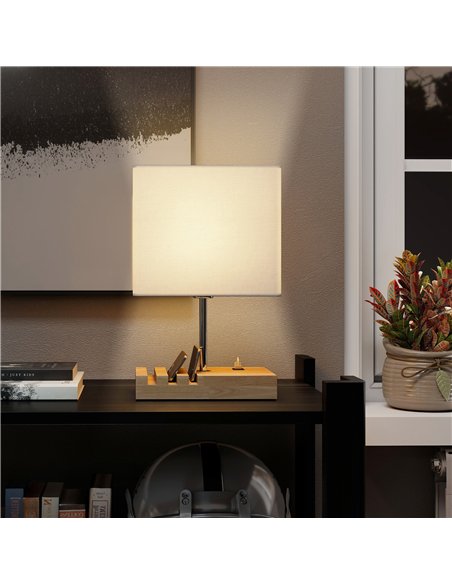 HOMCOM Bedside Lamp with USB A+C Charging Ports and 3 Phone Stands, Modern Table Lamp with Solid Wood Base and Fabric Shade for  - pic 170671 | FastDaddyshop