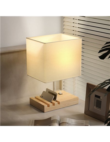 HOMCOM Bedside Lamp with USB A+C Charging Ports and 3 Phone Stands, Modern Table Lamp with Solid Wood Base and Fabric Shade for  - pic 170672 | FastDaddyshop