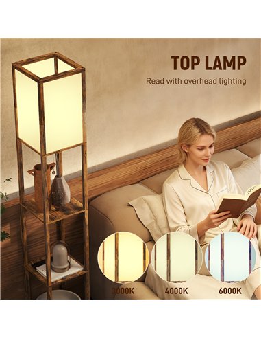 HOMCOM Floor Lamp with Shelves, 4 Layer Standing Lamp with USB Ports, 3 Colour Temperature, Rustic Brown
