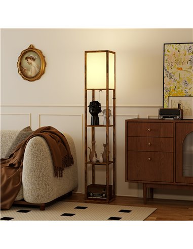 HOMCOM Floor Lamp with Shelves, 4 Layer Standing Lamp with USB Ports, 3 Colour Temperature, Rustic Brown
