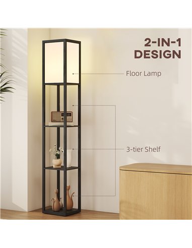 HOMCOM Floor Lamp with Shelves, 3 Layer Column Modern Standing Lamp for Living Room, Bedroom, Office, Bulb not Included, Black