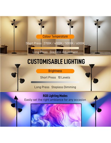 HOMCOM Three-Lamp Multi-Adjustable Floor Light - Black