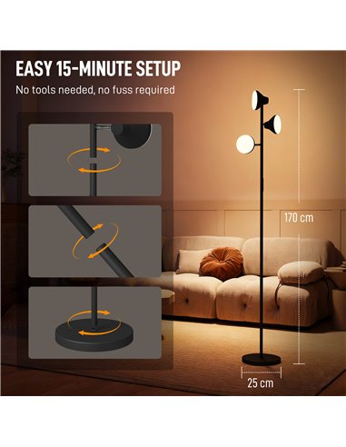 HOMCOM Three-Lamp Multi-Adjustable Floor Light - Black