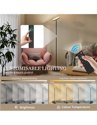 HOMCOM RGB Uplighter Floor Lamp, Tall Dimmable Standing Lamp with Remote & Touch Control, 350° Rotatable Head for Living Room Be