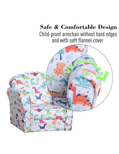 Homcom Kids Armchair, Sofa Tub Chair with Wooden Frame, Cartoon Dinosaur Pattern