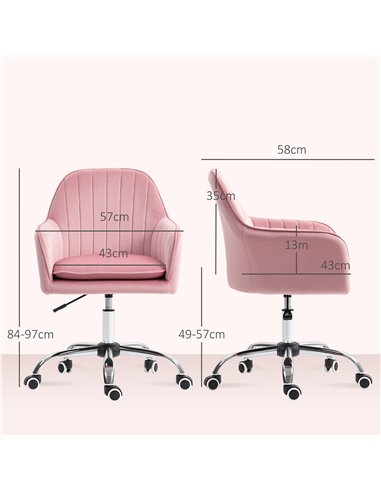 HOMCOM Velvet-Feel Tub Office Chair, with Seat Cushion - Dark Pink