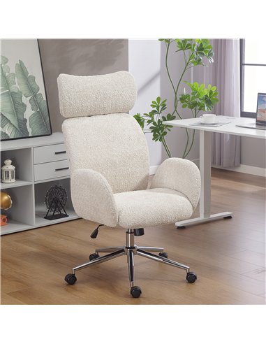 HOMCOM Office Chair with Adjustable Headrest, Spring Pack, Curved Line, Boucle Fabric - Pale Grey