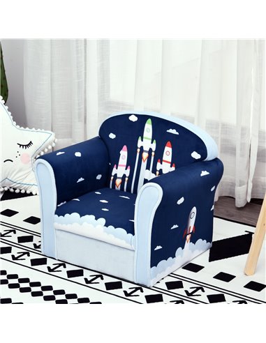 Homcom Kids Armchair, Sofa Tub Chair with Wooden Frame, Blue Cartoon Rocket Pattern
