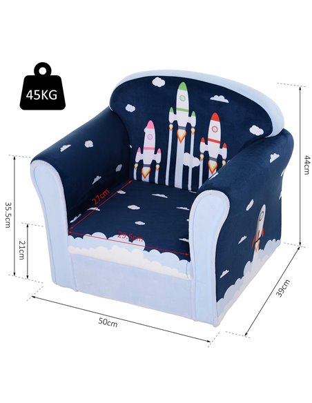 Homcom Kids Armchair, Sofa Tub Chair with Wooden Frame, Blue Cartoon Rocket Pattern - pic 17079 | FastDaddyshop