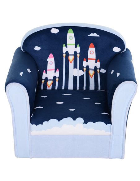 Homcom Kids Armchair, Sofa Tub Chair with Wooden Frame, Blue Cartoon Rocket Pattern - pic 17085 | FastDaddyshop