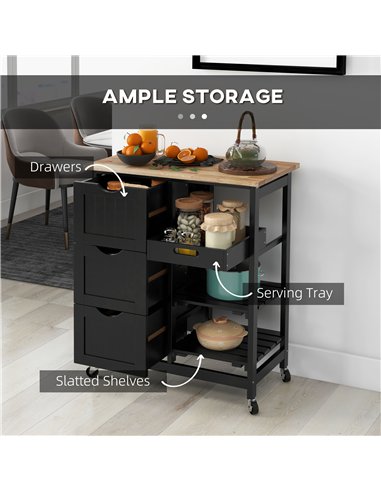 HOMCOM Rolling Kitchen Island Cart, Bar Serving Cart, Compact Trolley on Wheels with Wood Top, Shelves & Drawers for Home Dining