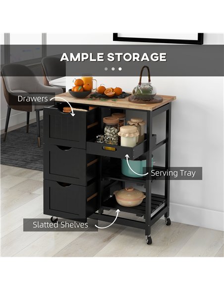 HOMCOM Rolling Kitchen Island Cart, Bar Serving Cart, Compact Trolley on Wheels with Wood Top, Shelves & Drawers for Home Dining - pic 170955 | FastDaddyshop