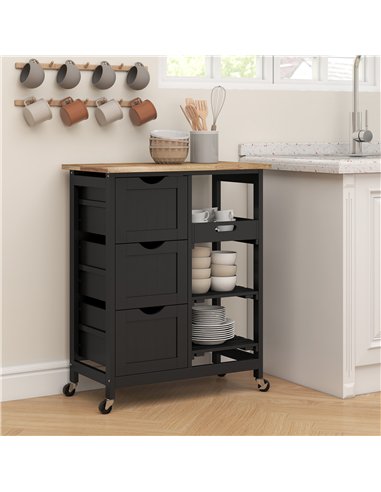 HOMCOM Rolling Kitchen Island Cart, Bar Serving Cart, Compact Trolley on Wheels with Wood Top, Shelves & Drawers for Home Dining