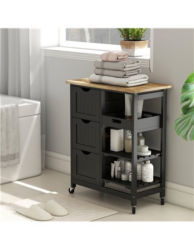 HOMCOM Rolling Kitchen Island Cart, Bar Serving Cart, Compact Trolley on Wheels with Wood Top, Shelves & Drawers for Home Dining