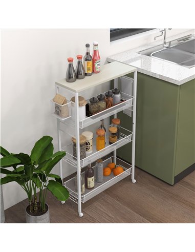HOMCOM 3-Tier Kitchen Cart with 3 Steel Wire Baskets - White