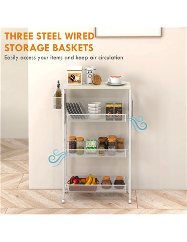 HOMCOM 3-Tier Kitchen Cart with 3 Steel Wire Baskets - White