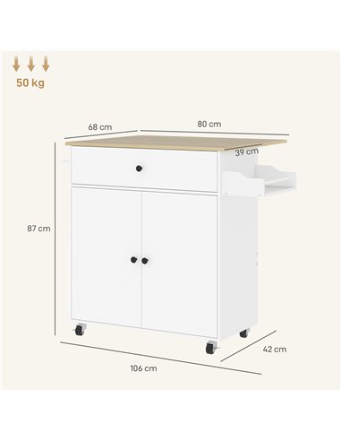 HOMCOM Rolling Kitchen Island with Drop Leaf, Kitchen Storage Cart with Drawer, Spice Rack and Towel Rack, White