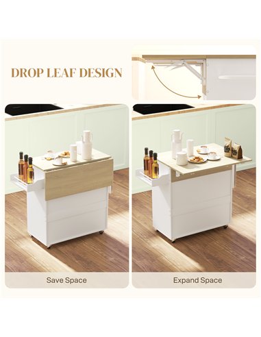 HOMCOM Rolling Kitchen Island with Drop Leaf, Kitchen Storage Cart with Drawer, Spice Rack and Towel Rack, White