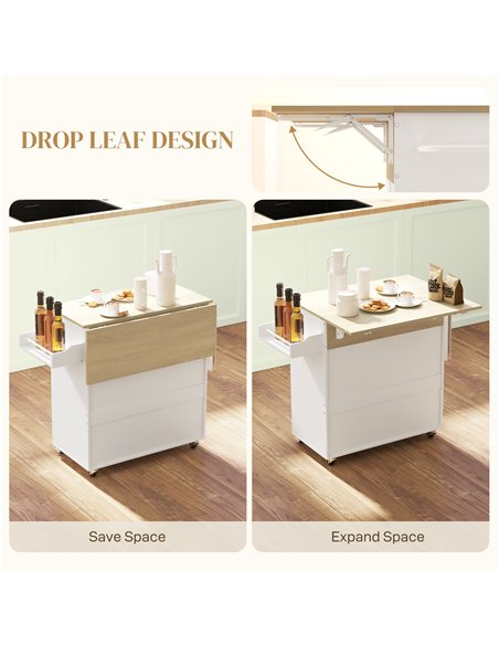 HOMCOM Rolling Kitchen Island with Drop Leaf, Kitchen Storage Cart with Drawer, Spice Rack and Towel Rack, White - pic 170973 | FastDaddyshop