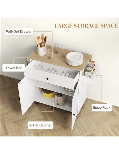 HOMCOM Rolling Kitchen Island with Drop Leaf, Kitchen Storage Cart with Drawer, Spice Rack and Towel Rack, White