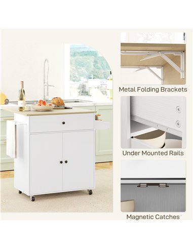 HOMCOM Rolling Kitchen Island with Drop Leaf, Kitchen Storage Cart with Drawer, Spice Rack and Towel Rack, White