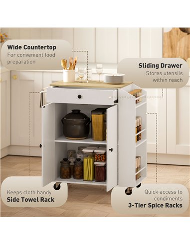 HOMCOM Rolling Kitchen Island with 3-Tier Spice Rack, Kitchen Storage Cart with Drawer and Towel Rack, White