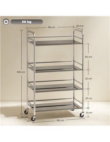 HOMCOM 4 Tier Stainless Steel Kitchen Storage Trolley with Adjustable Shelves - Silver