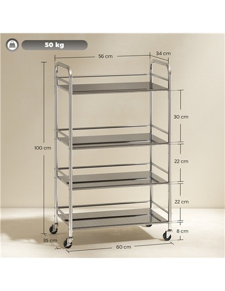 HOMCOM 4 Tier Stainless Steel Kitchen Storage Trolley with Adjustable Shelves - Silver - pic 170990 | FastDaddyshop