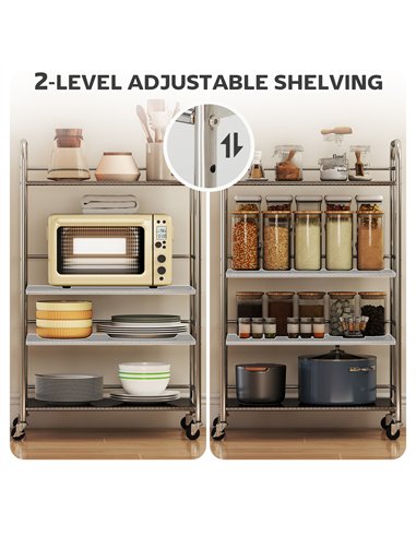 HOMCOM 4 Tier Stainless Steel Kitchen Storage Trolley with Adjustable Shelves - Silver
