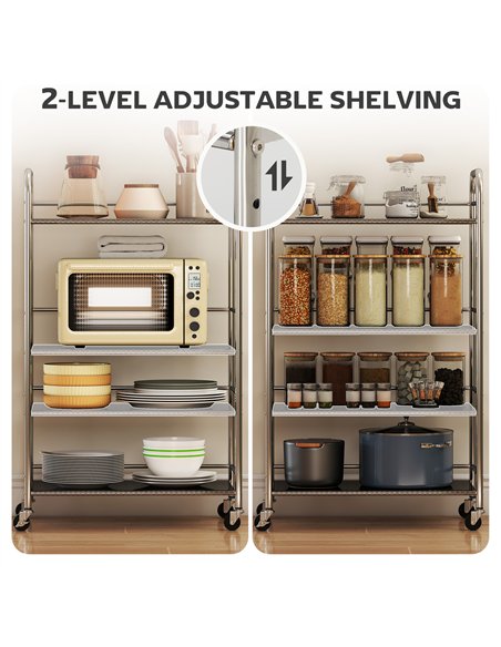 HOMCOM 4 Tier Stainless Steel Kitchen Storage Trolley with Adjustable Shelves - Silver - pic 170992 | FastDaddyshop