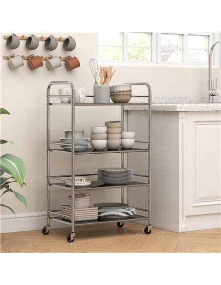 HOMCOM 4 Tier Stainless Steel Kitchen Storage Trolley with Adjustable Shelves - Silver - pic 170995 | FastDaddyshop