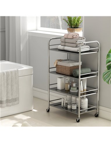 HOMCOM 4 Tier Stainless Steel Kitchen Storage Trolley with Adjustable Shelves - Silver